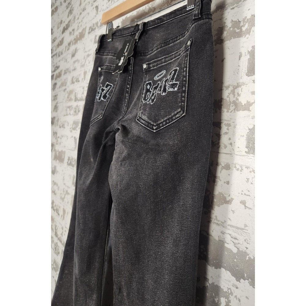 Forever 21 Bratz Flare Jeans 25 Black Y2K Rhinestone Logo Distressed Raw Hem - Picture 12 of 16